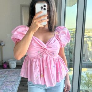 Floral Embroidered Pink Puff Sleeve Women Top